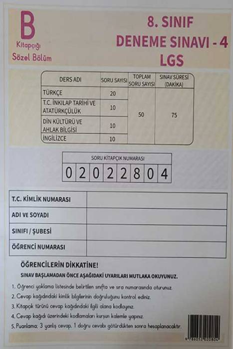 8. Sınıf Deneme Sınavı 4 B Kitapçığı Sözel Bölüm Deneme Dükkanı