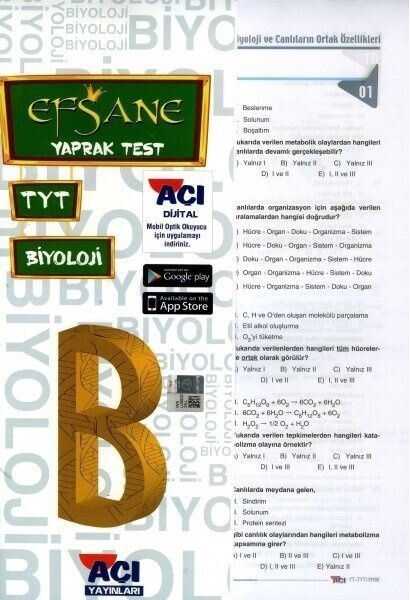 Açı TYT Biyoloji EFSANE Çek Kopart Yaprak Test Açı Yayınları