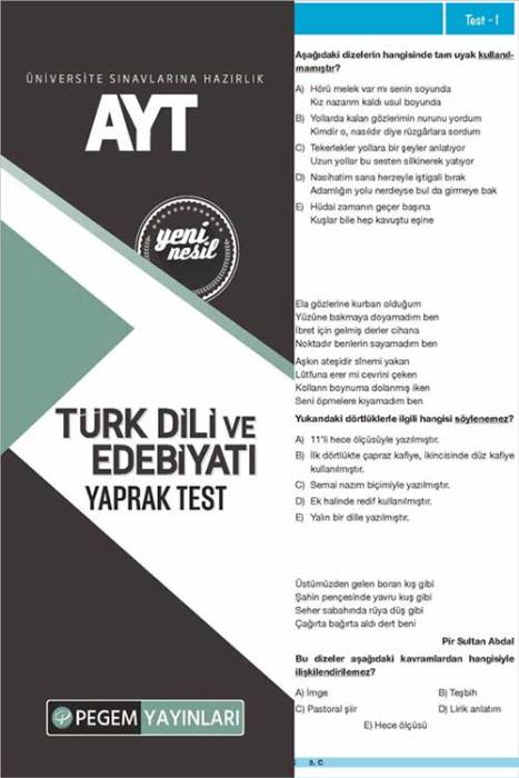 AYT Türk Dili ve Edebiyatı Yaprak Test Pegem Akademi Yayınları