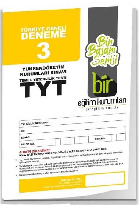 Bir Eğitim YKS TYT Türkiye Geneli Deneme Sınavı-3 Bir Eğitim Kurumları