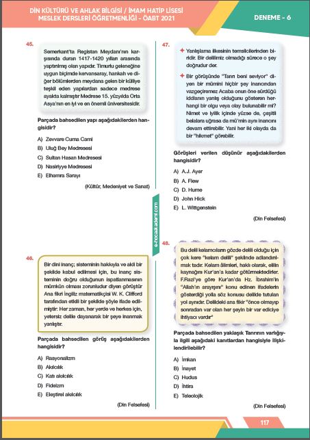 E-Hoca 2021 ÖABT Din Kültürü ve Ahlak Bilgisi ve İHL Meslek Dersleri Öğretmenliği 12 Deneme