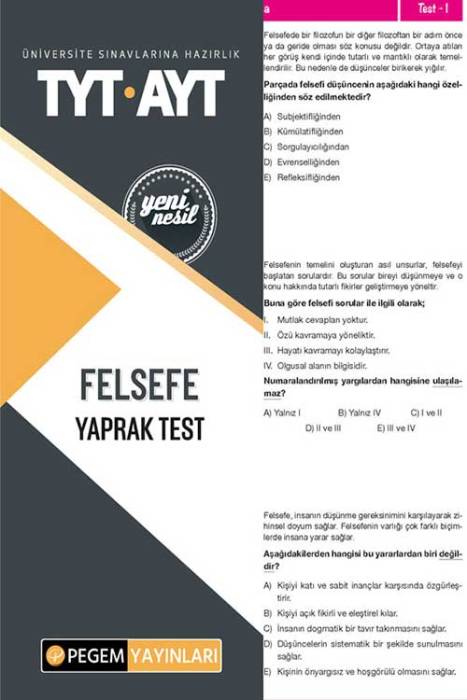 Tyt-Ayt Felsefe Yaprak Test Pegem Akademi Yayınları