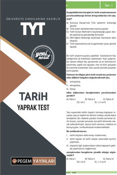 TYT Tarih Yaprak Test Pegem Akademi Yayınları