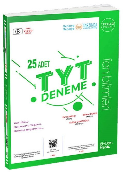 ÜçDörtBeş 2022 YKS TYT Fen Bilimleri 25 Deneme Video Çözümlü ÜçDörtBeş Yayınları